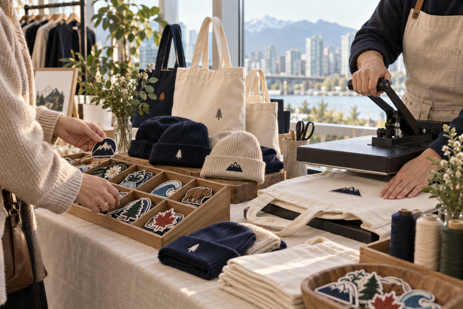 A live customization station with patches, apparel and a heat press