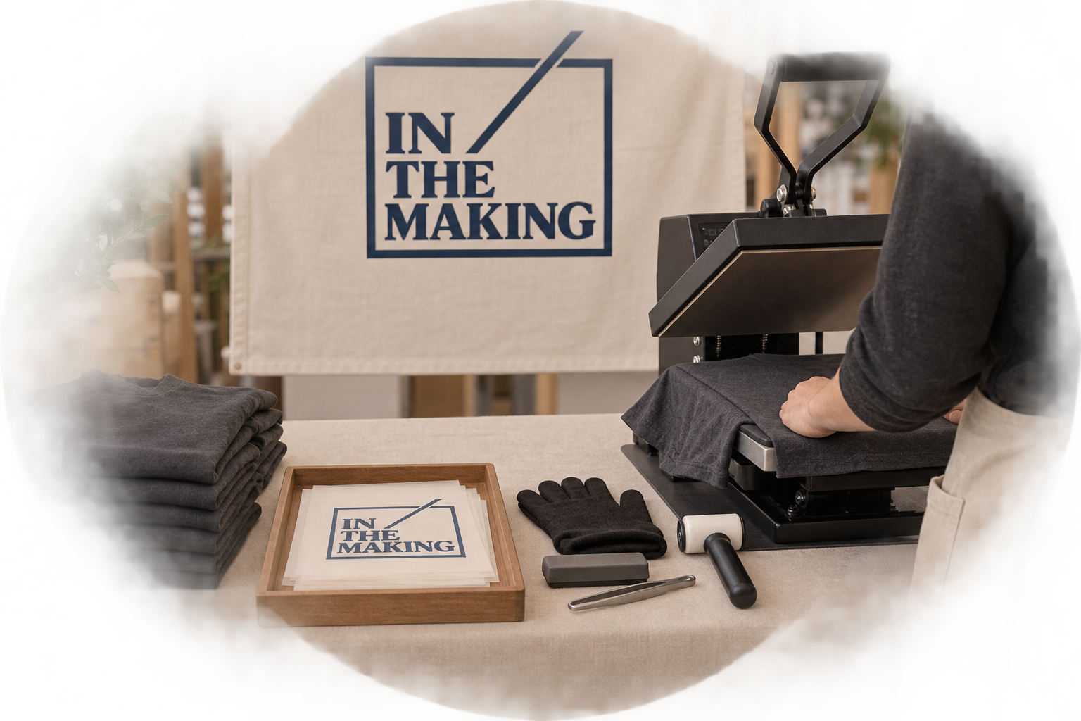 Live print bar setup with a heat press at IN THE MAKING in Vancouver